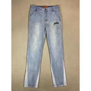 Loiter Jeans Mens 30 Blue Mid Rise Embroidered Logo Raw Hem Relaxed Fit Denim